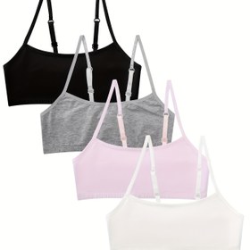 Resim 4 adet Pamuklu Kız Eğitim Sütyeni - Kısa Yelek Stili Ayarlanabilir Askılar ile, Nefes Alabilir ve Rahat Spor Sütyen Seti 7-14 Yaş için, Düz Renkler (Siyah, Gri, Pembe, Beyaz), Orta Esneklikli Kumaş, Dolgu Yok, Günlük Giyim için Mükemmel, Her Gün Rahat Giyim | Ayarlanabilir Askı Tasarımı | Nefes Alabilir Kumaş, Kız İç Çamaşırı 