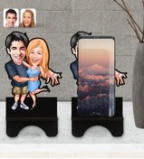 Resim Bk Gift Kişiye Özel Sevgililer Karikatürlü Ahşap Biblo Telefon Standı-14 