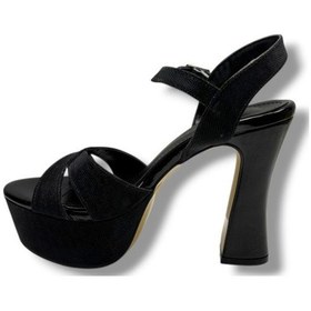 Resim Defne 788-26 Simli Saten Çapraz Bant 30mm Platform Topuk Kadın Sandalet 12cm Siyah 