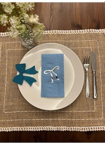 Resim Gümüş Yaldızlı Mavi Fiyonk Baskılı Garson Katlama Peçete 16 Adet 