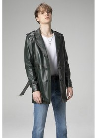 Resim Dericlub Getafe Erkek Büyük Beden Kruvaze Yaka Hakiki Deri Trençkot Yeşil Null Yeşil 