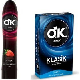 Resim Okey Klasik Prezervatif 10 Adet + Çilek Kayganlastırıcı Jel 100 ML 