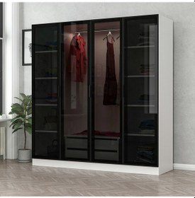 Resim Minar Kale 4 Cam Kapaklı 2 Çekmeceli Dolap - Beyaz/siyah 210cm Çok Renkli 