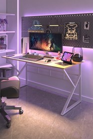 Resim TEKATEL Oyuncu Masası Bilgisayar Masası Ofis masası Metal ayaklı Çalışma Masası Çam - Beyaz 140X60 