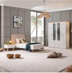 Resim Vita Bohem Genç Odası - 4 Kapaklı Dolap, Karyola, Komodin Beyaz 