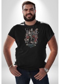 Resim Gitar Kafatası Güller Doğa Uyumu Unisex Unisex Siyah Organik Baskılı T-shirt Penye Yüksek Kalite Siyah 