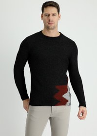 Resim Koyu Antrasit Melanj Bisiklet Yaka Slim Fit Dar Kesim Yünlü Desenli Triko Kazak 