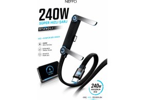 Resim Neffo 240W Ultra Hızlı Type-C Şarj Data Kablosu Katlanabilir Standlı Ergonomik Tasarım 1.5m Örgülü 