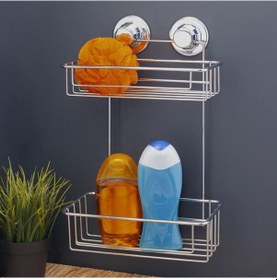 Resim Vakumlu Banyo Duvar Rafı Şampuanlık 2 Katlı Gümüş 