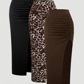 Resim 3 adet Yüksek Belli Kadın Etek - Siyah, Leopar Desenli, Kahverengi - Y2K Stili, Uzun, Rahat, Polyester, Makine Yıkanabilir, Yüksek Bel Etek 