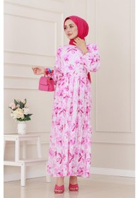 Resim Sevitli Yarım Düğmeli Lotus Elbise-pembe-5248 Pembe 