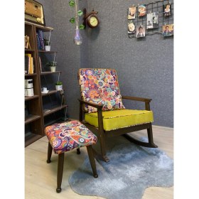 Resim Asedia Iskandinav Ceviz Retro Minderli Puflu Sallanan Sandalye Dinlenme Koltuğu 