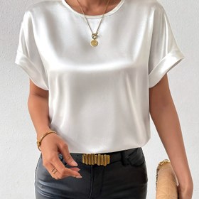 Resim Kadınlar için Batwing Kısa Kollu Yuvarlak Yaka Bluz - Şık Düz Renk Görünmez Gömlek, Makinede Yıkanabilir Hafif Üst Bahar Yaz Sonbahar İçin, Çok Yönlü Günlük & Resmi Giyim, Mevsimsel Moda, Akıcı Siluet, Pürüzsüz Doku 