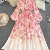 Resim Kadınların Çiçek Desenli V Yaka Elbisesi - Rahat A-Kollu Uzun Kollu Elbise, Bahar ve Yaz İçin Mükemmel, Yetişkin Modası, Tatil Stili, Yetişkin Moda Elbise | Çiçek Desenli Elbise | Büzgülü Etekli Elbise 