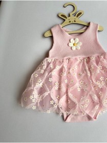Resim Ruffia Bebek Tütü Etek Papatya Baskılı Sıfır Kol Alttan Çıtçıtlı Zıbın 