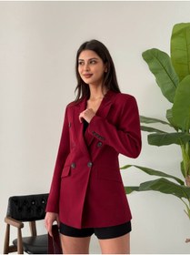 Resim dükkan10butika Kadın Astarlı Düğme Kol Detay Atlas Kumaş Blazer Ceket Bordo 
