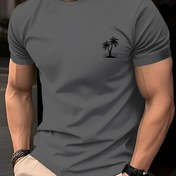 Resim Erkekler için Rahat Nefes Alabilen Kısa Kollu T-Shirt, Palmiye Ağacı Baskısı - Hafif, Gevşek Kesim, Açık Hava Sporları ve Eğlence İçin, Siyah, Yazlık T-Shirt 