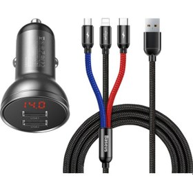 Resim Baseus Çift Usb Göstergeli 4 8a Araç Şarj Cihazı 3in1 Kablo 1 2 Mt Tzccbx 0g 