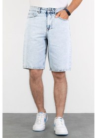 Resim HLT Jeans Erkek Mavi Kar Yıkamalı Baggy Fit Rahat Kesim %100 Pamuk Denim Loose Jeans Kot Şort Arthur-Mavikar 001 