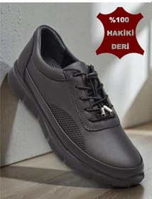 Resim 690 Tam Ortopedik Faylon Hafif Taban Günlük Hakiki Deri Kadın Ayakkabı Lastik Bağcıklı Siyah 