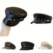 Resim PU Deri Kadın Vintage Beret Şapka - 3 Stil (Siyah/Bej/Beyaz) Yıldız & Zincir Aksanlı, Günlük ve Resmi Kıyafetler için Yüz Tasarımlı, Elde Yıkanabilir, Moda Aksesuarı, Londra Tarzı Şapka, Dekoratif Dikiş 