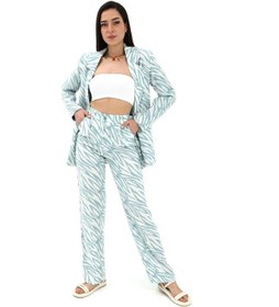 Resim Wpr Zebra Desen Yüksek Bel Keten Pantolon - Mavi-mavi Mavi 