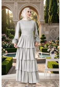 Resim Kat Detaylı Beli Kemerli Alina Tesettür Abiye-mint Yeşili-5750 