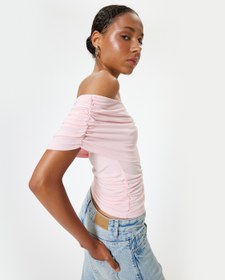 Resim Kayık Yaka Body Drape Detaylı Slim Fit Kısa Kollu 