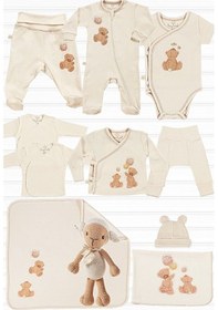 Resim Tinylamb Fluffy Bear Oyuncaklı Organik Yenidoğan Hastane Çıkış Seti - 11 Parça Krem 