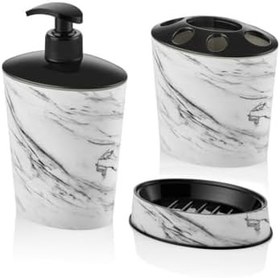 Resim Beyaz Mermer Desen 3 Parça Banyo Lavabo Seti Diş Fırçalık Sıvı+Katı Sabunluk Kırılmaz Özel Plastik 