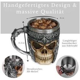 Resim Birinci Sınıf 3d Kuru Kafa Fincan Paslanmaz Çelik Kahve, Çay, Cappuccino, Bira Gibi İçecekler İçin I Skull Kupası İskelet Kafatası Tasarımlı Görünüm 1 Açık Altın 