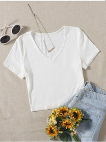 Resim Liona V Yaka Beyaz Renk Fitilli Kısa Kollu Regular Crop Top Bluz 