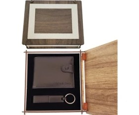 Resim Renas Store Dekoratif Ahşap Kutulu Deri Cüzdan Anahtarlık Set 