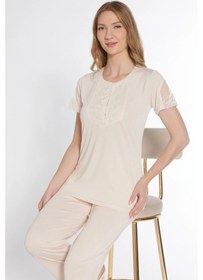 Resim Kısa Kol Klasik Zakkum Pijama Takımı Dantel Detaylı Flz 88-114 Bej 