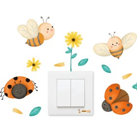 Resim Arı, Uğur Böceği ve Papatya Dekoratif Priz Sticker - 15x15 cm / Renkli / Priz Sticker 