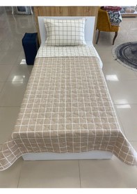 Resim Çift Taraflı Tek Kişilik Kapitone Yatak Örtüsü Takımı Bej Kareli 