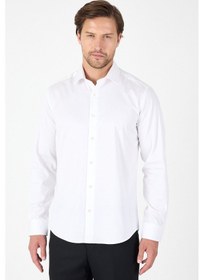 Resim Beyaz Uzun Kol Sert Yaka Cepsiz Slim Fit %100 Pamuk Gömlek 1004250266 Beyaz 