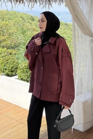 Resim lamelif Kruvaze Kısa Tesettür Trençkot Bordo 