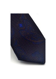 Resim Gaffy Lacivert Kahverengi Şal Desenli Dokuma Kumaş Mendilli Slim Fit Kravat // Sdk-2604-2 Lacivert 