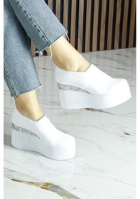 Resim Erkan Saçmacı Lumi Beyaz Vegan Yuvarlak Burun Taşlı Gizli Dolgu Topuklu Günlük Ayakkabı Beyaz 