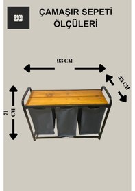 Resim Cımens Çamaşır Sepeti Kirli Sepeti Ahşap Büyük Boy 3 Bölmeli Gri - Siyah 
