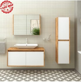 Resim Banos Roomart Lavabolu Ahşap-Mat Beyaz 100Cm Banyo Dolabı+Aynalı Beyaz 