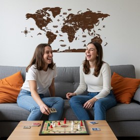 Resim Ahşap Dünya Haritası - Çok Katmanlı 3D Ahşap Duvar Dekoru (Ceviz) - 150x80 cm / İspanyolca 
