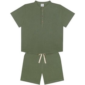 Resim Antebies Yeşil Müslin Kısa Kollu Tshirt Bağlamalı Kordonlu Şort Dokuma Erkek Çocuk Takım 