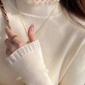 Resim Kadın Şık Yüksek Yaka Dantel Detaylı Kazak - Kalın Sıcak Uzun Kollu Üst, Düz Renk Normal Kesim Kısa Boy Katmanlı Giyim, Tüm Sezonlara Uygun Çok Yönlü Katmanlı Giyim Parçası, Dantel Detaylı, Kemerli Değil, Pullover Stil, Dantel Detaylı, Katmanlı Giyim Parçası 