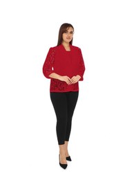 Resim Lady Majestic Dantel Büyük Beden Kadın Ceket 44709 Kırmızı 