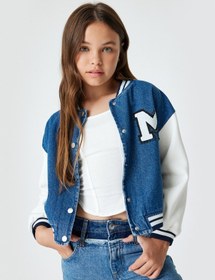 Resim Koton Bomber Ceket Aplike Detaylı Yuvarlak Yaka Orta İndigo 5wkg20004ad İndigo 