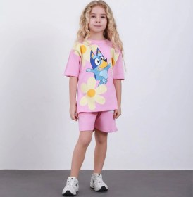 Resim Kız Çocuk Pembe Bluey Desenli Şortlu Takım 