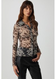 Resim Grimelange Caıtlın Kadın Tül Kumaşlı Transparan Slim Fit Vücüdu Saran Siyah Desenli Gömlek 