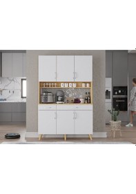 Resim Maya Kahve Köşesi Çok Amaçlı Dolap Kiler Mutfak Dolabı Meşe Beyaz 105cm Meşe - Beyaz 